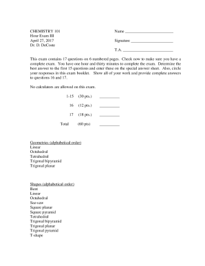 Chemistry 101 Hour Exam Iii