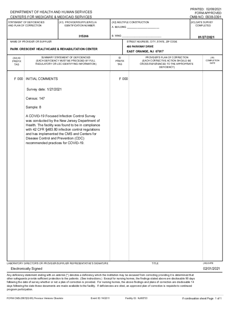 Fillable online statement of deficiencies and plan of correction fax