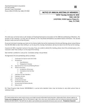 Clay Road Homeowners Association Annual Meeting Notice