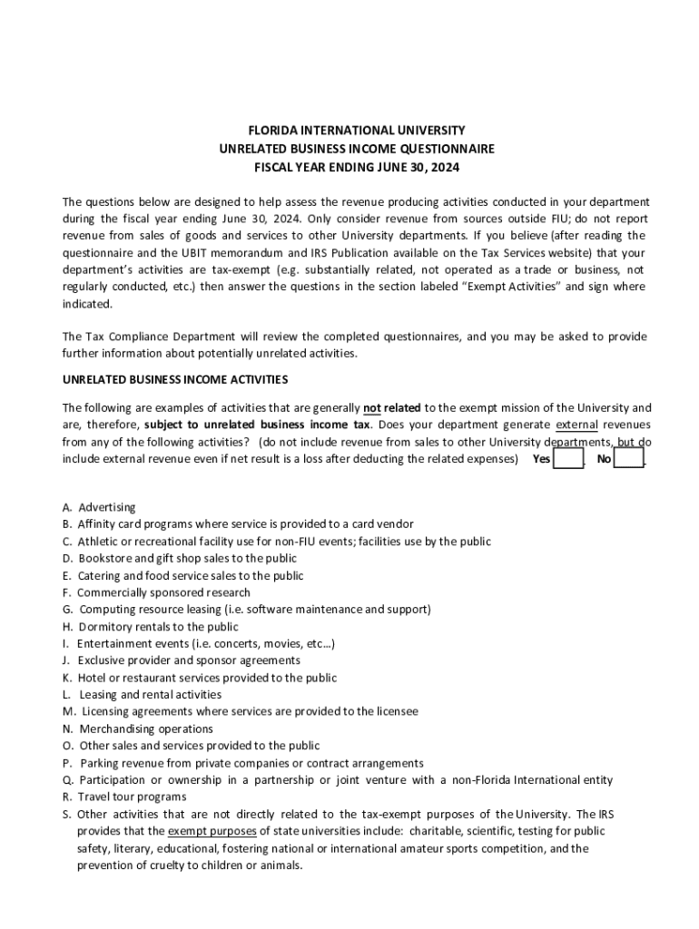 Unrelated Business Income Tax (ubit) Questionnaire Preview on Page 1