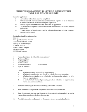 Application for Addition to Nutrient Supplement List