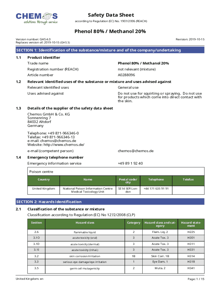 Fillable Online Safety Data Sheet for Phenol 80% / Methanol 20% Fax ...