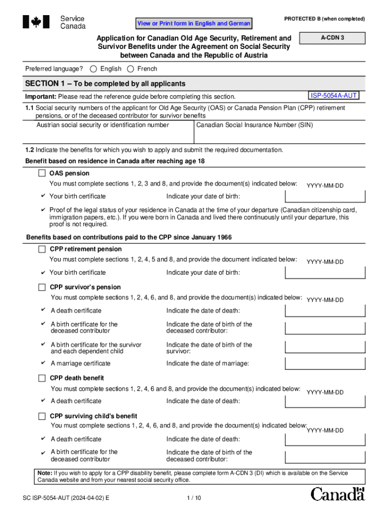 Austria Canada Agreement - Application for Canadian Old Age Security, Retirement and Survivor Benefi Preview on Page 1