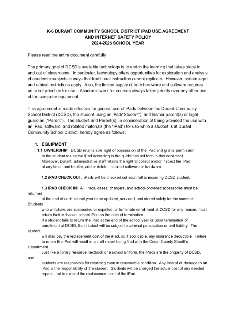 Fillable Online k-12 durant community school district ipad use ...