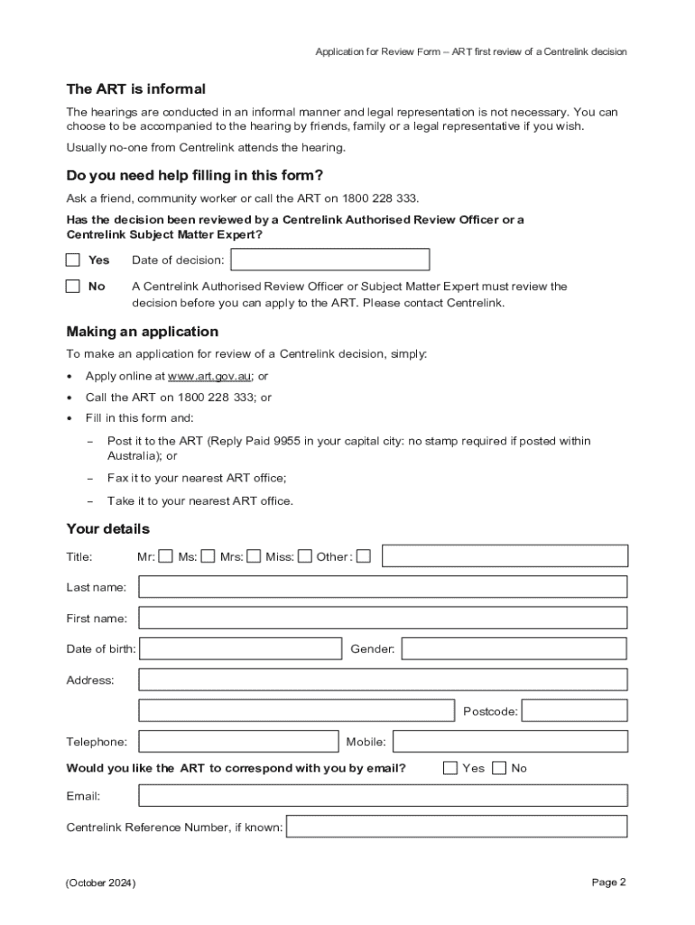 Application for Review Form ART First Review of a Centrelink Decision Preview on Page 1