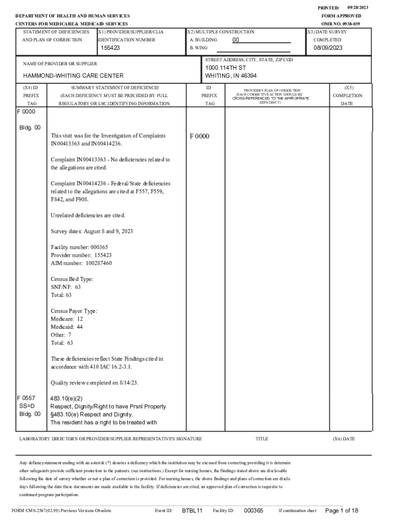 Fillable online statement of deficiencies and plan of correction fax