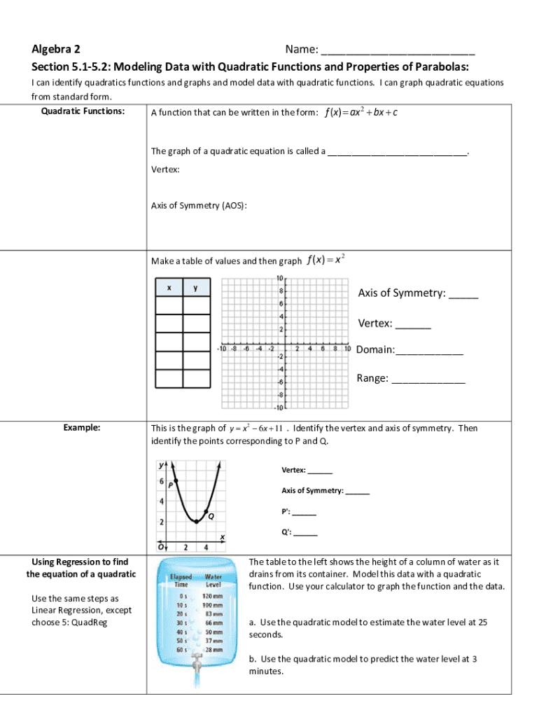 Fillable Online Modeling Data With Quadratic Functions and Properties ...