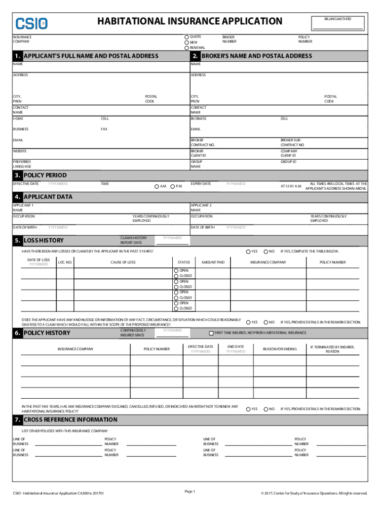 Habitational Insurance Application Form Preview on Page 1