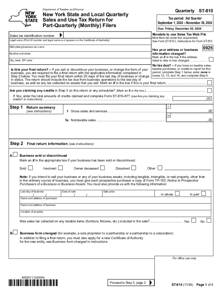 Form ST-810 New York State and Local Quarterly Sales and Use Tax Return for Part-Quarterly Filers Re Preview on Page 1