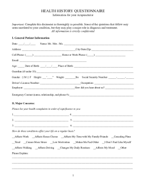 Fillable Online Health History Questionnaire for Acupuncture Fax Email ...