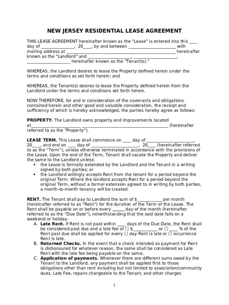 New Jersey Residential Lease Agreement Preview on Page 1
