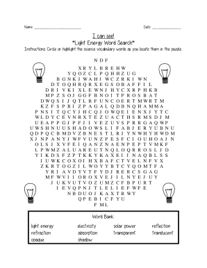 Light Energy Word Search Puzzle Worksheet PDF