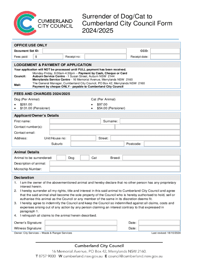 Fillable Online Fillable Online Surrender of Dog/Cat to Cumberland City ...