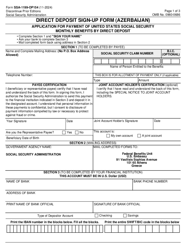 SSA-1199-OP154 Direct Deposit Sign-Up Form (Azerbaijan) Preview on Page 1
