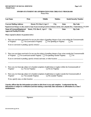 Sworn Statement for Child Day Programs