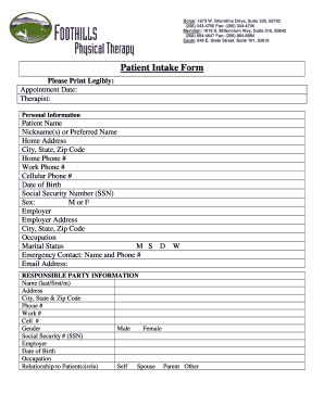 Patient Intake Form for Physical Therapy