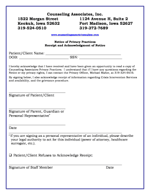 Counseling Associates Privacy Notice Acknowledgment
