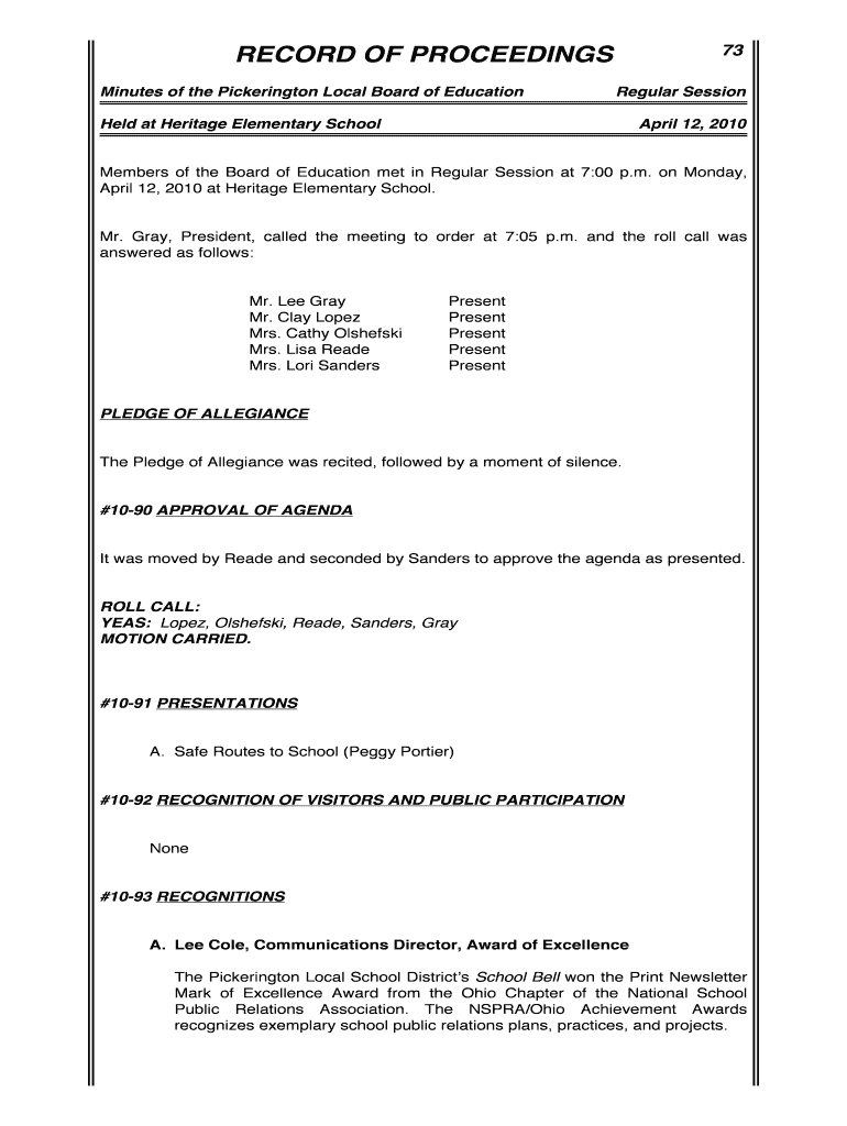 Fillable Online www2 pickerington k12 oh 1090 APPROVAL OF AGENDA Fax