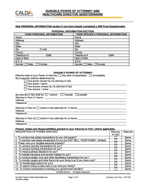 Durable Power of Attorney and Healthcare Directive Questionnaire