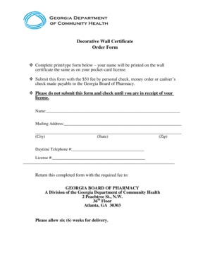 Georgia Board of Pharmacy Wall Certificate Order Form