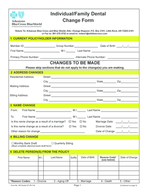 Arkansas Blue Cross Dental Change Form