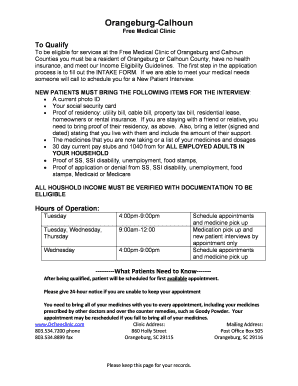 Orangeburg-Calhoun Free Medical Clinic Intake Form
