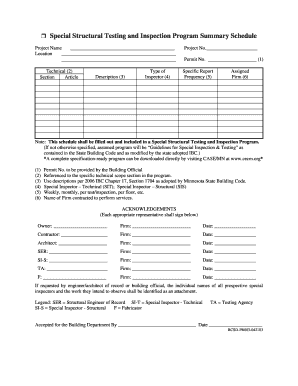 Special Structural Testing and Inspection Program Schedule