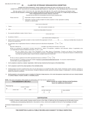California Veterans Organization Property Tax Exemption Claim