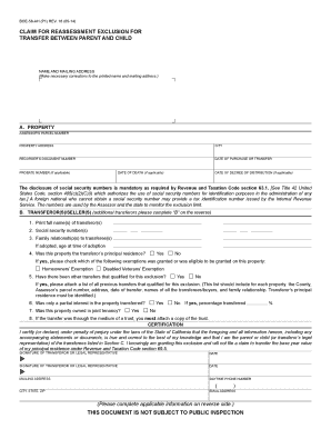 California Claim for Reassessment Exclusion for Parent-Child Transfer