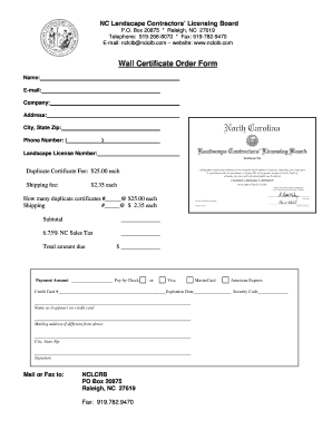 North Carolina Landscape Contractor Wall Certificate Order Form