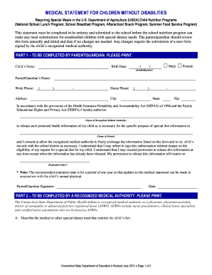 Medical Statement for Children Without Disabilities