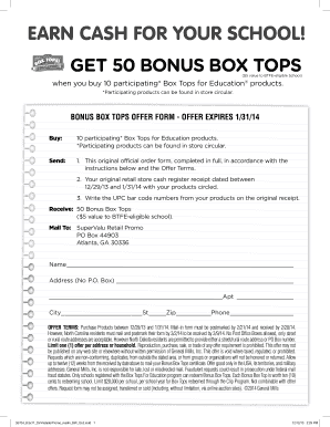 Box Tops for Education Bonus Offer Form