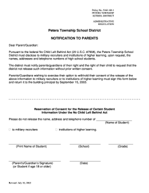 Peters Township Student Information Release Consent Form