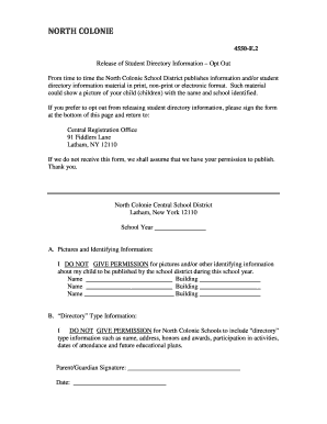 North Colonie Student Directory Information Opt-Out Form