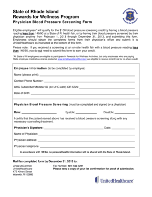 Rhode Island Physician Blood Pressure Screening Form