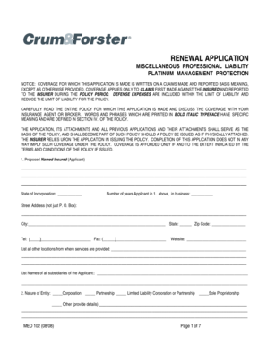Professional Liability Insurance Renewal Application