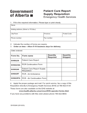 Patient Care Report Supply Requisition. Order form for Emergency Health Services applications.