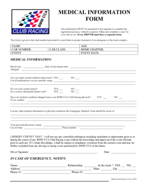 BMW CCA Club Racing Medical Information Form