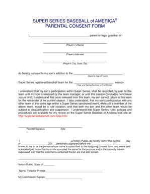 Super Series Baseball Parental Consent Form