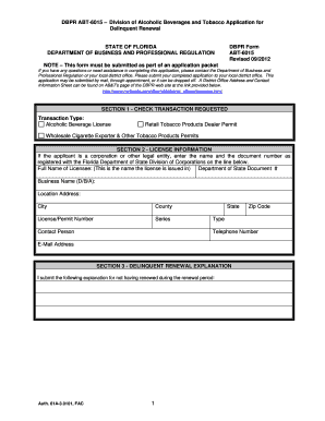 Florida Delinquent Renewal Application for Alcoholic Beverage or Tobacco License