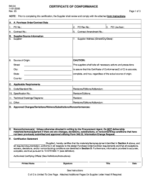 Certificate of Conformance Form 540.04
