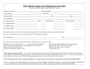 Attendance chart ideas - Holy Nativity Sunday School Registration Form-2013 Classes for Children Ages 3 years old thru 6th Grade Family Last Name Parent Name(s) Home Phone Cell Phone Home Address City Zip E-mail address 1st Child s Name Age Birth Date School Grade