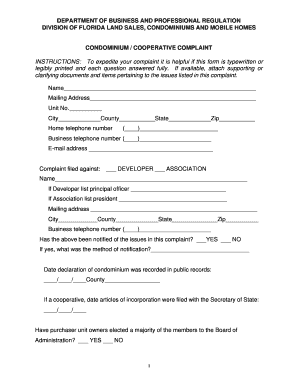 Florida Condominium Cooperative Complaint Form