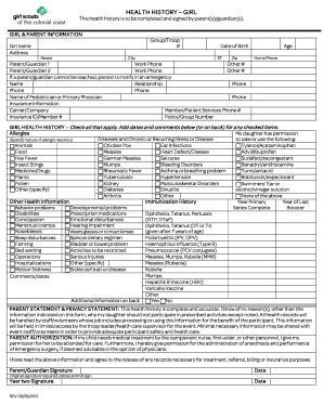 Girl Health History Form