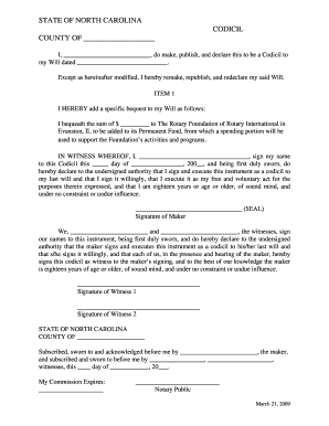 North Carolina Codicil to Will