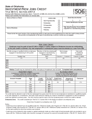 Oklahoma Investment/New Jobs Credit Form 506