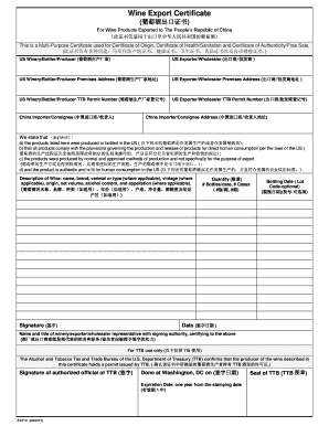 Wine Export Certificate to China