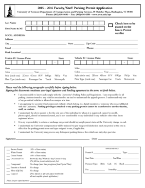 University of Vermont Faculty Staff Parking Permit Application