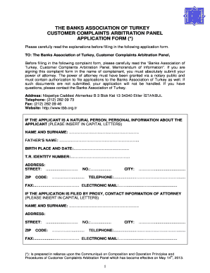 Turkey Customer Complaints Arbitration Panel Application Form