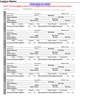 Bowling League Team Sign-Up Sheet